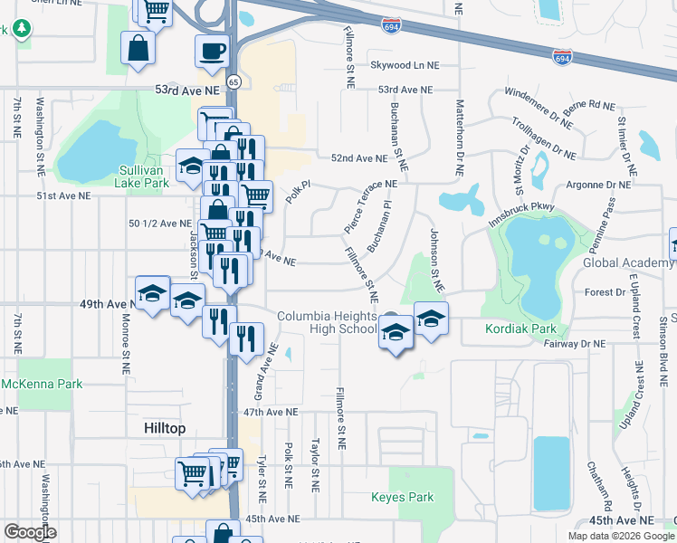 map of restaurants, bars, coffee shops, grocery stores, and more near 1185-1205 50th Avenue Northeast in Columbia Heights