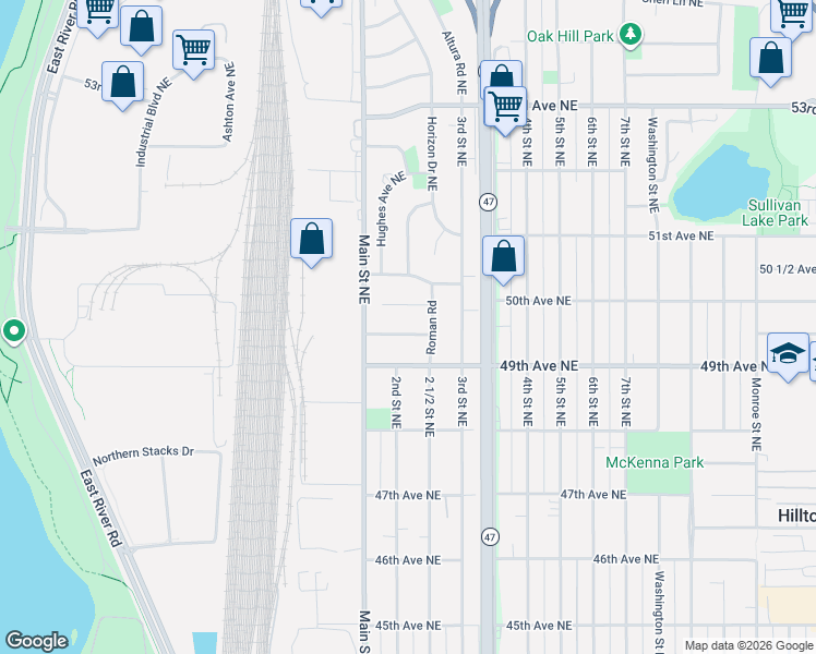 map of restaurants, bars, coffee shops, grocery stores, and more near 125 Pilot Avenue Northeast in Fridley