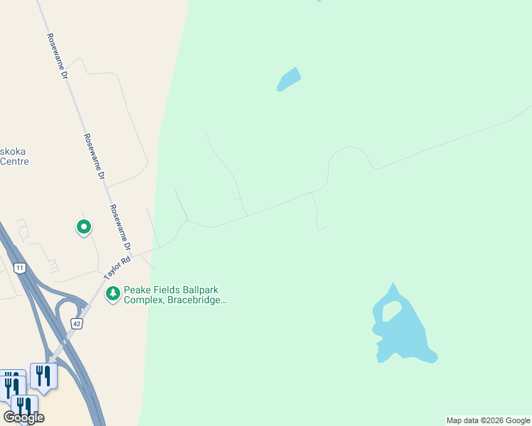 map of restaurants, bars, coffee shops, grocery stores, and more near 1124 Taylor Road in Bracebridge