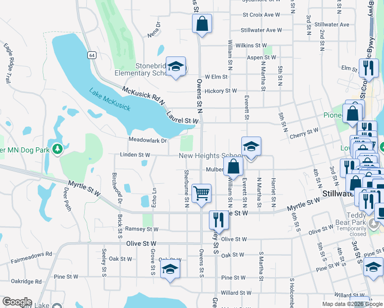 map of restaurants, bars, coffee shops, grocery stores, and more near 1016 Linden Street West in Stillwater