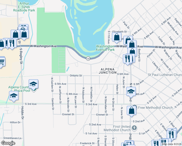 map of restaurants, bars, coffee shops, grocery stores, and more near 2400 Windsor Court in Alpena