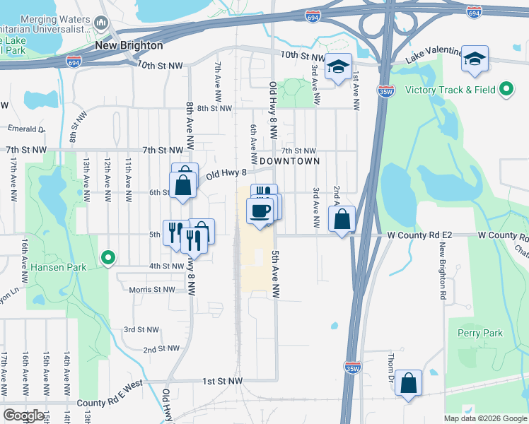 map of restaurants, bars, coffee shops, grocery stores, and more near 525 Main Street in New Brighton