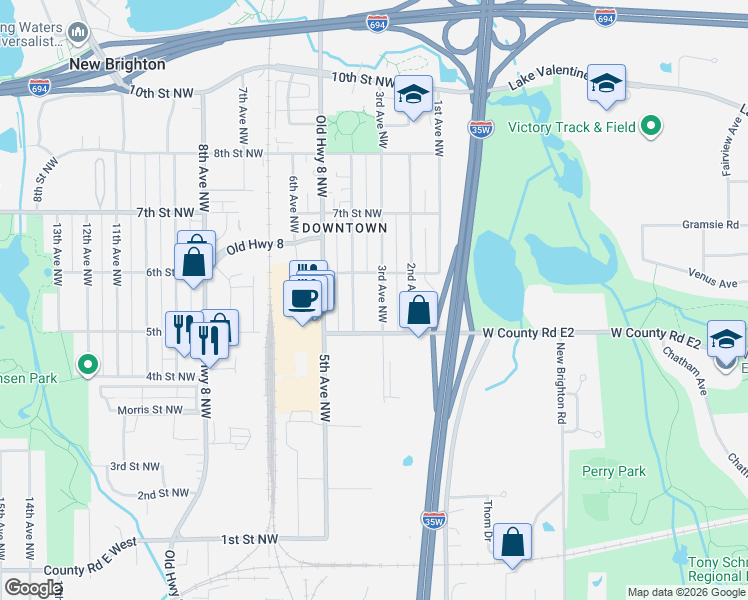 map of restaurants, bars, coffee shops, grocery stores, and more near 557 3rd Avenue Northwest in New Brighton