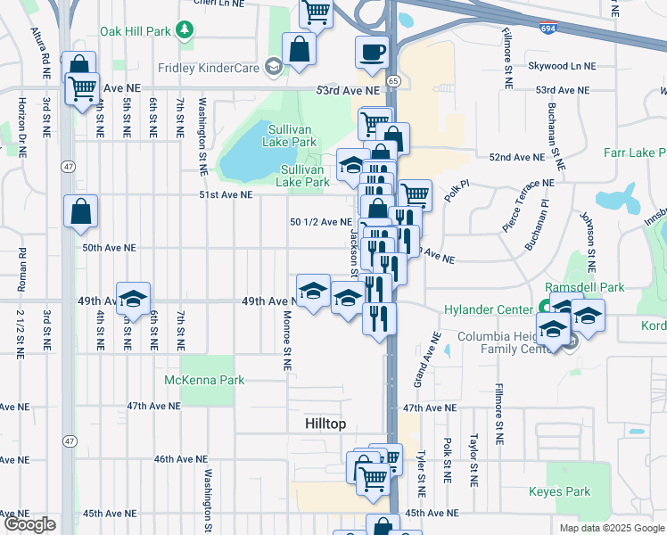 map of restaurants, bars, coffee shops, grocery stores, and more near 813 49 1/2 Avenue Northeast in Columbia Heights
