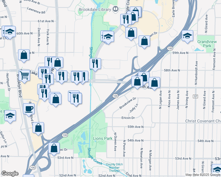 map of restaurants, bars, coffee shops, grocery stores, and more near 2501 County Road 10 in Brooklyn Center