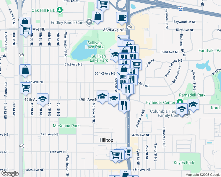 map of restaurants, bars, coffee shops, grocery stores, and more near 813 49 1/2 Avenue Northeast in Columbia Heights