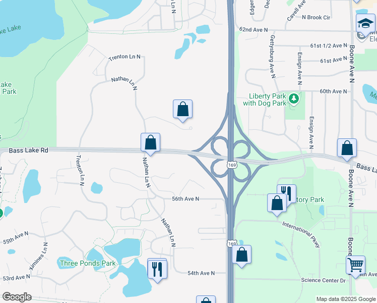 map of restaurants, bars, coffee shops, grocery stores, and more near Bass Lake Road in Plymouth