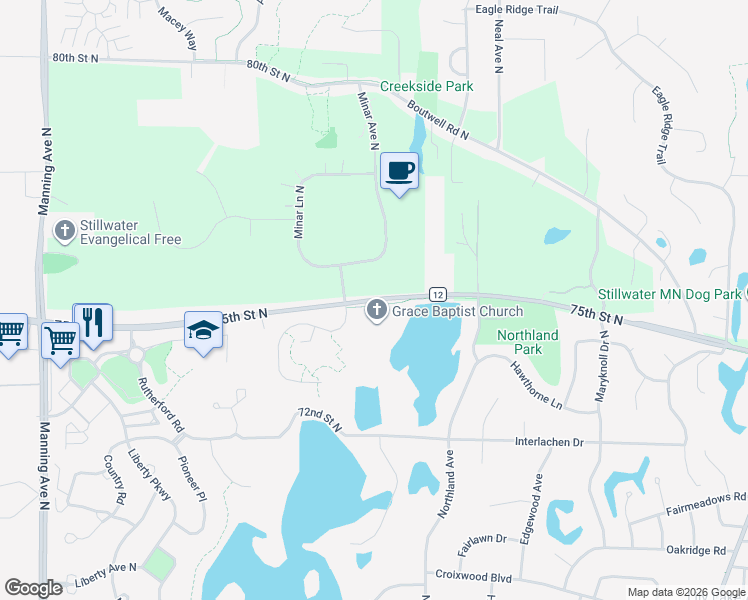 map of restaurants, bars, coffee shops, grocery stores, and more near 12708 75th Street North in Stillwater