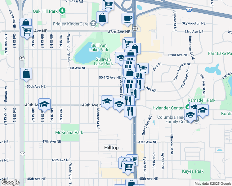 map of restaurants, bars, coffee shops, grocery stores, and more near 813 49 1/2 Avenue Northeast in Columbia Heights