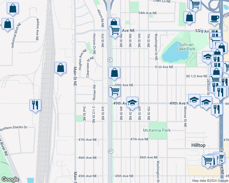 map of restaurants, bars, coffee shops, grocery stores, and more near 4935 University Avenue Northeast in Columbia Heights