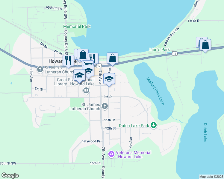 map of restaurants, bars, coffee shops, grocery stores, and more near 801 5th Avenue in Howard Lake