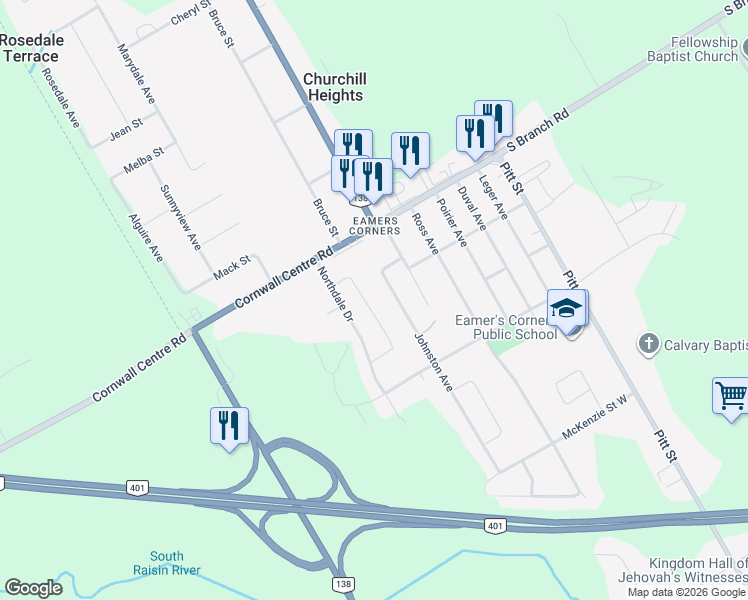 map of restaurants, bars, coffee shops, grocery stores, and more near 70 Forestdale Crescent in Cornwall