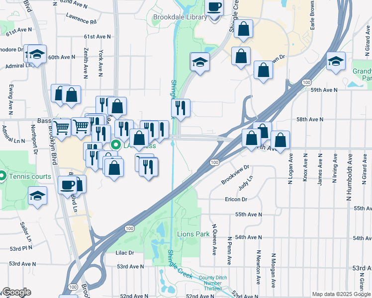 map of restaurants, bars, coffee shops, grocery stores, and more near in Brooklyn Center