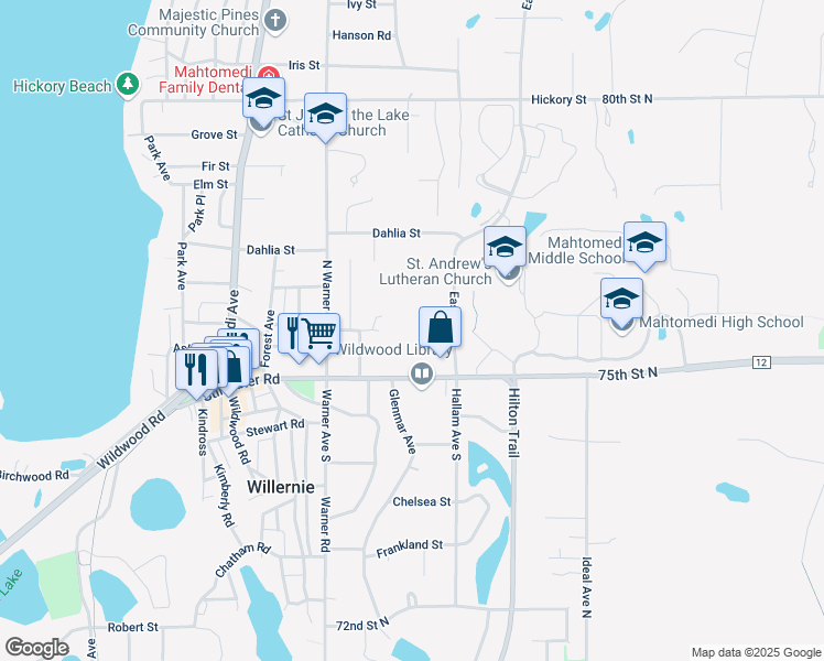 map of restaurants, bars, coffee shops, grocery stores, and more near 113 East Avenue in Mahtomedi