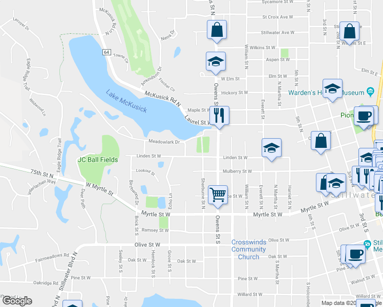 map of restaurants, bars, coffee shops, grocery stores, and more near 1118 Linden Street West in Stillwater
