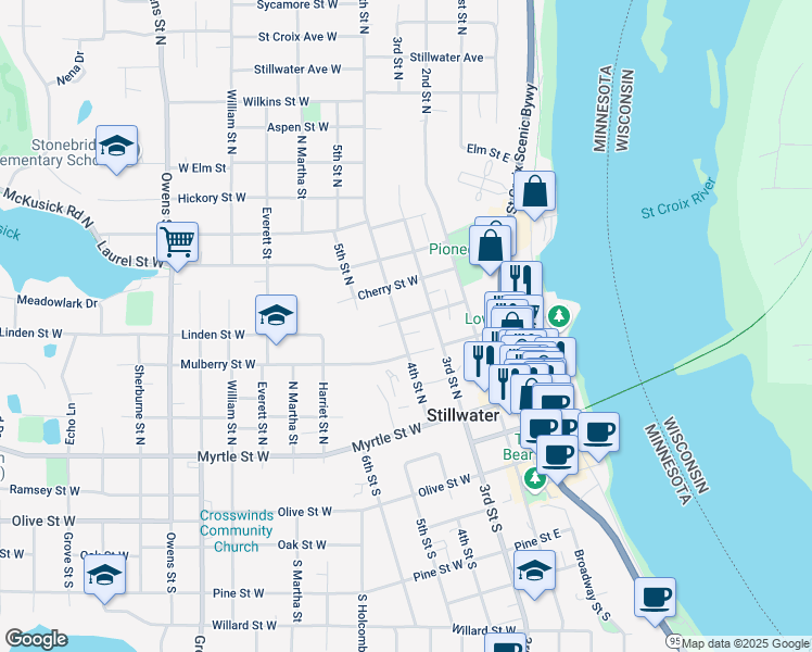 map of restaurants, bars, coffee shops, grocery stores, and more near 321 4th Street North in Stillwater