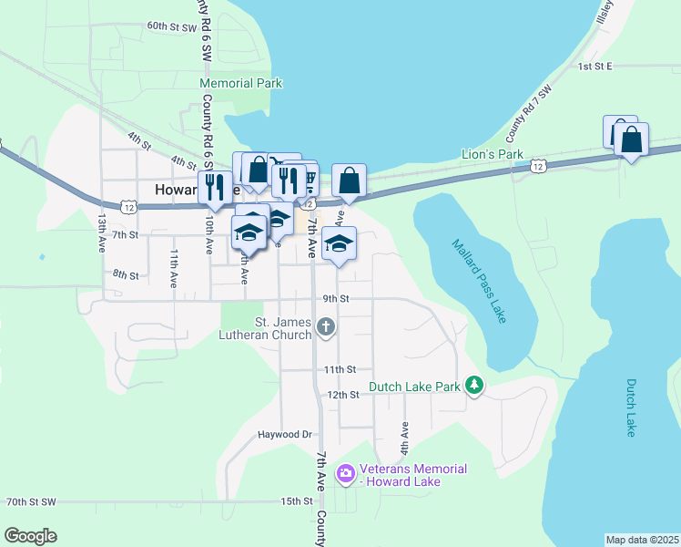 map of restaurants, bars, coffee shops, grocery stores, and more near in Howard Lake