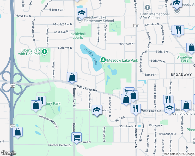 map of restaurants, bars, coffee shops, grocery stores, and more near 8413 West Meadow Lake Road in New Hope