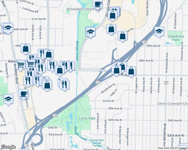 map of restaurants, bars, coffee shops, grocery stores, and more near 2501 Co Road in Brooklyn Center