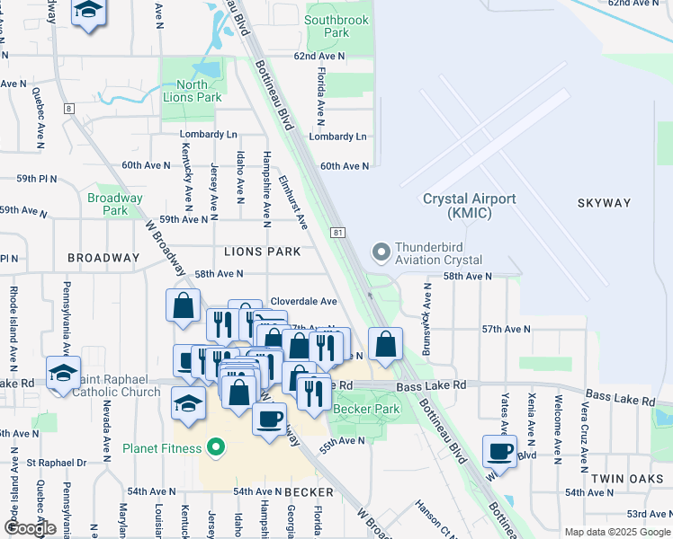 map of restaurants, bars, coffee shops, grocery stores, and more near 5764 Elmhurst Avenue in Minneapolis