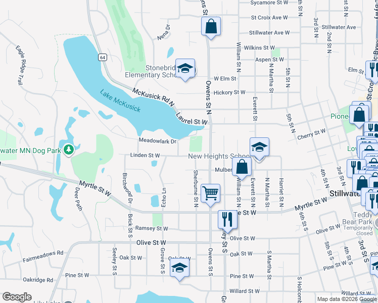 map of restaurants, bars, coffee shops, grocery stores, and more near 1016 Linden Street West in Stillwater