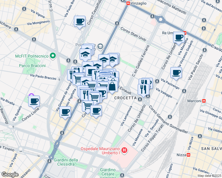 map of restaurants, bars, coffee shops, grocery stores, and more near 12 Via Marco Polo in Torino