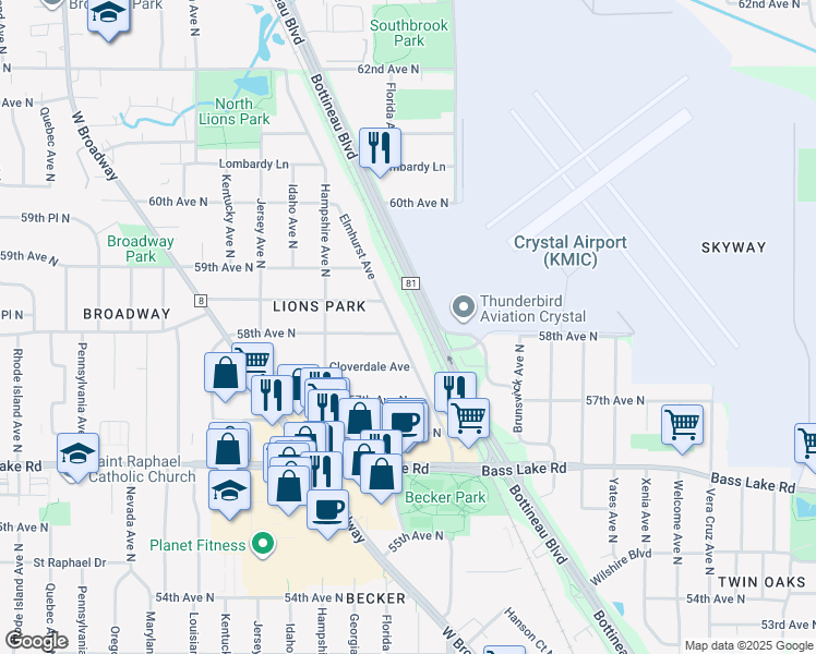 map of restaurants, bars, coffee shops, grocery stores, and more near 5764 Elmhurst Avenue in Minneapolis