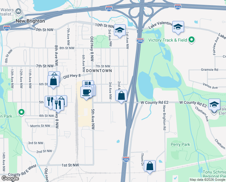 map of restaurants, bars, coffee shops, grocery stores, and more near 557 3rd Avenue Northwest in New Brighton