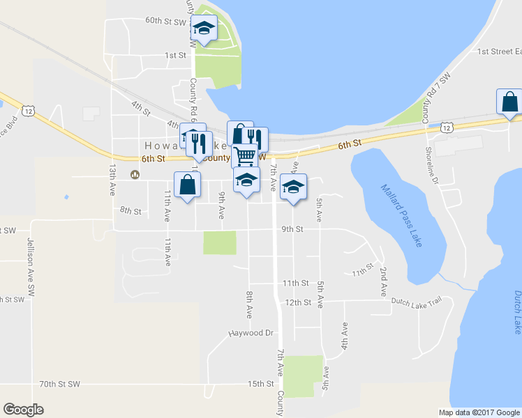 map of restaurants, bars, coffee shops, grocery stores, and more near 716 8th Ave in Howard Lake