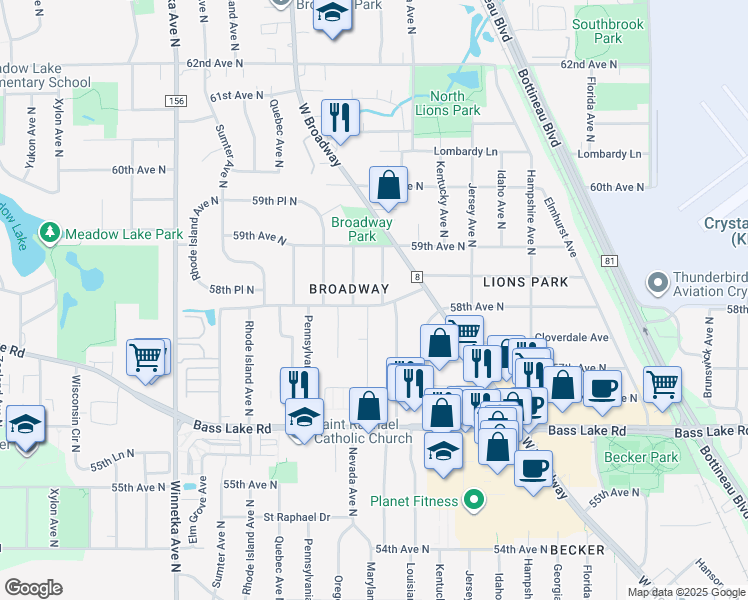 map of restaurants, bars, coffee shops, grocery stores, and more near 5801 Maryland Avenue North in Minneapolis