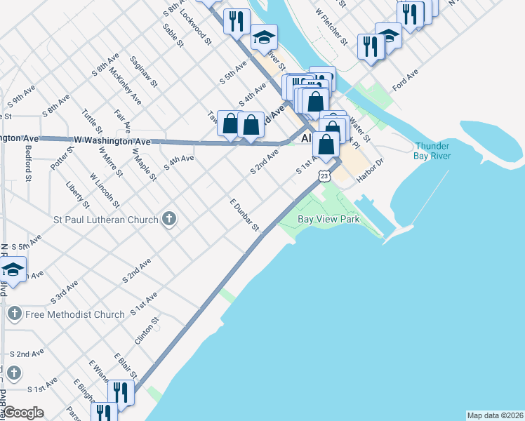 map of restaurants, bars, coffee shops, grocery stores, and more near 300-398 S 1st Ave in Alpena