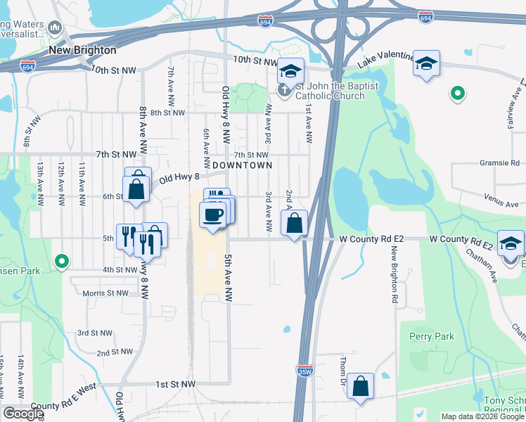 map of restaurants, bars, coffee shops, grocery stores, and more near 557 3rd Avenue Northwest in New Brighton