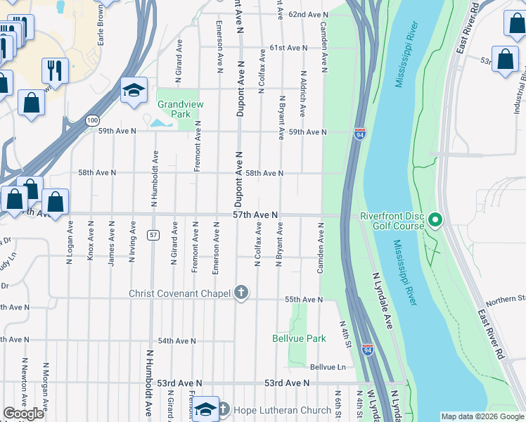 map of restaurants, bars, coffee shops, grocery stores, and more near 5700 North Colfax Avenue in Minneapolis