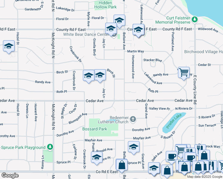map of restaurants, bars, coffee shops, grocery stores, and more near 3879 Oak Terrace in White Bear Lake