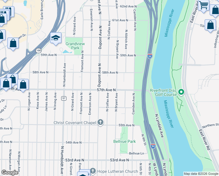 map of restaurants, bars, coffee shops, grocery stores, and more near 5700 North Colfax Avenue in Minneapolis
