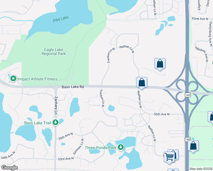 map of restaurants, bars, coffee shops, grocery stores, and more near 10405 Bass Lake Road in Minneapolis