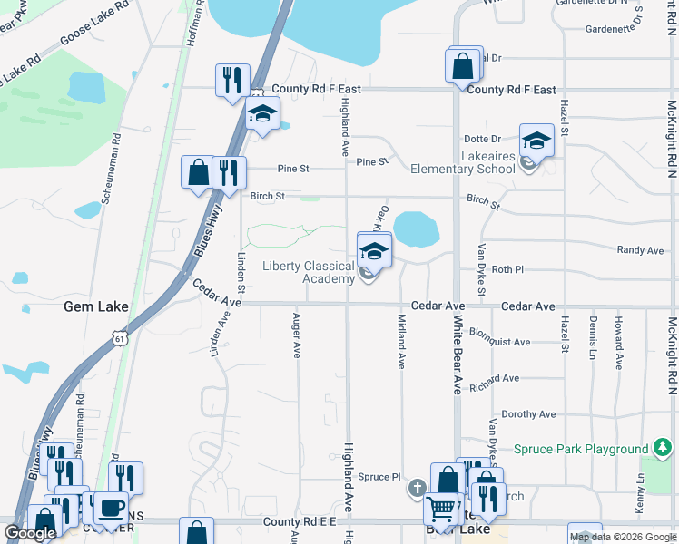 map of restaurants, bars, coffee shops, grocery stores, and more near 1893 Roth Street in White Bear Lake