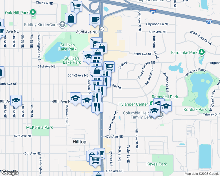 map of restaurants, bars, coffee shops, grocery stores, and more near 4924 Tyler Street Northeast in Minneapolis