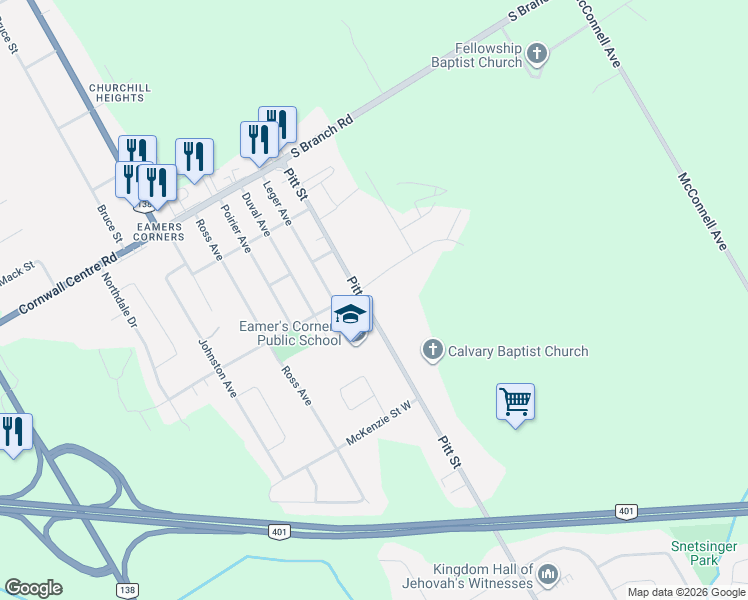 map of restaurants, bars, coffee shops, grocery stores, and more near 2261 Pitt Street in Cornwall