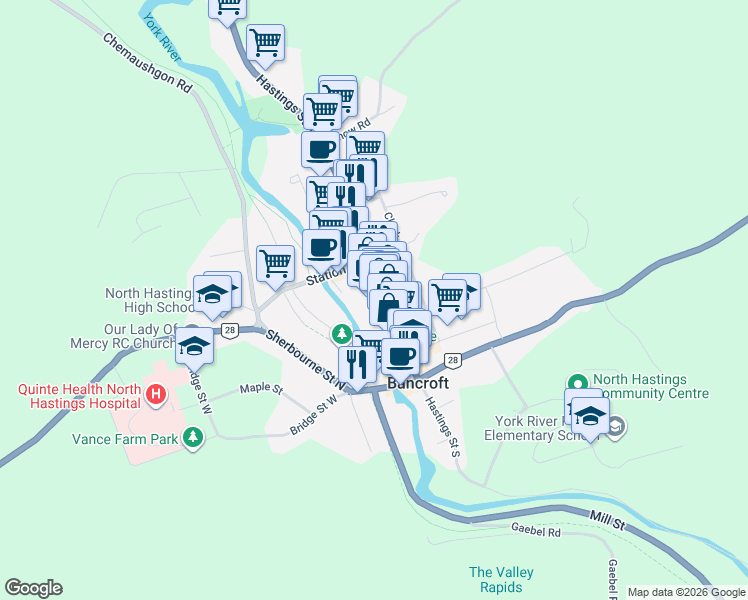 map of restaurants, bars, coffee shops, grocery stores, and more near 76 Hastings Street North in Bancroft