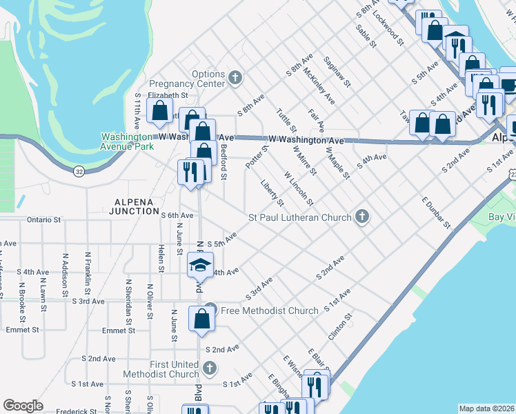 map of restaurants, bars, coffee shops, grocery stores, and more near 400 West Campbell Street in Alpena