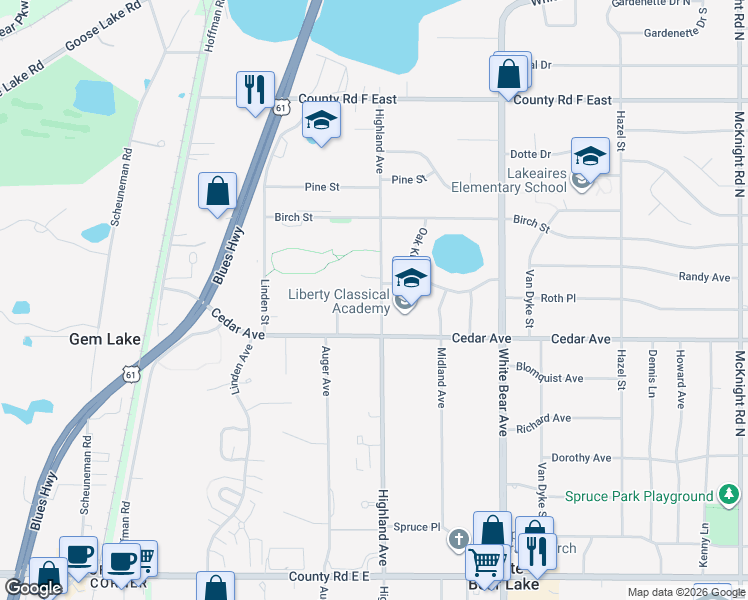 map of restaurants, bars, coffee shops, grocery stores, and more near 1893 Roth Street in White Bear Lake