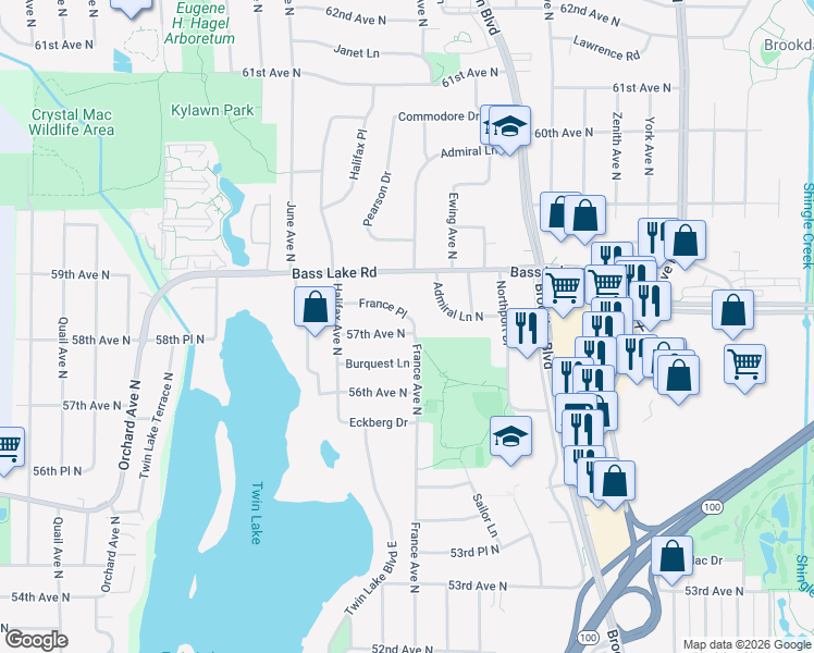 map of restaurants, bars, coffee shops, grocery stores, and more near 3801 France Place in Minneapolis