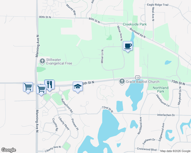 map of restaurants, bars, coffee shops, grocery stores, and more near 12530 75th Street North in Stillwater