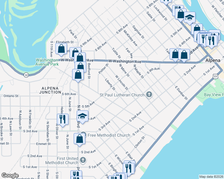 map of restaurants, bars, coffee shops, grocery stores, and more near 201-299 Liberty St in Alpena