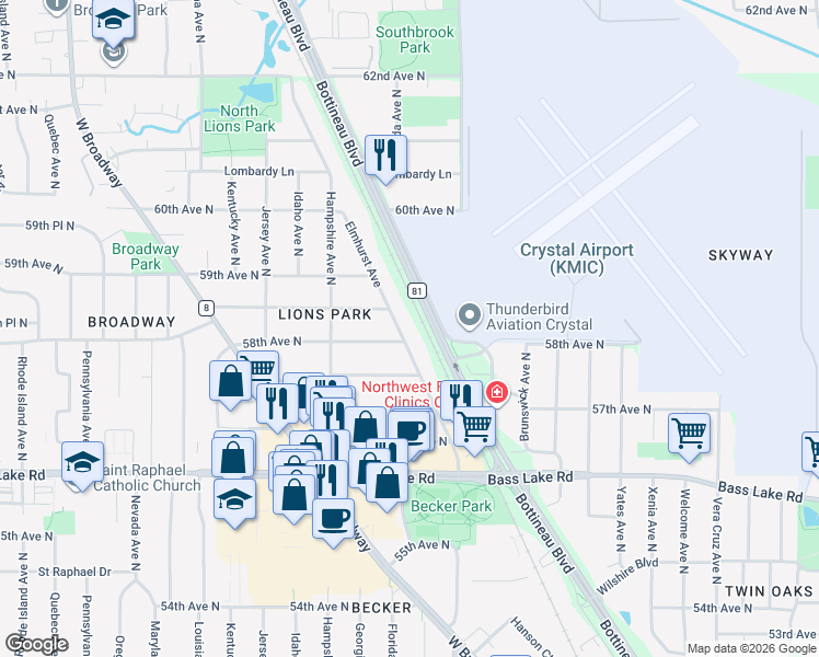 map of restaurants, bars, coffee shops, grocery stores, and more near 5764 Elmhurst Avenue in Minneapolis