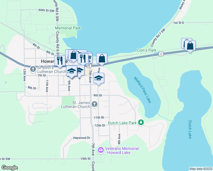 map of restaurants, bars, coffee shops, grocery stores, and more near 801 5th Avenue in Howard Lake