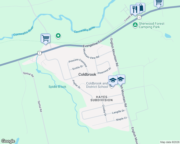 map of restaurants, bars, coffee shops, grocery stores, and more near 1437 Princess Crescent in Coldbrook