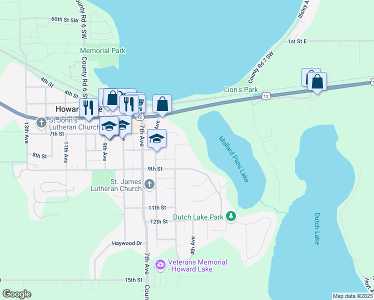 map of restaurants, bars, coffee shops, grocery stores, and more near 800 5th Avenue in Howard Lake
