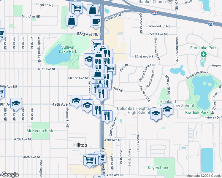 map of restaurants, bars, coffee shops, grocery stores, and more near 4924 Tyler Street Northeast in Minneapolis